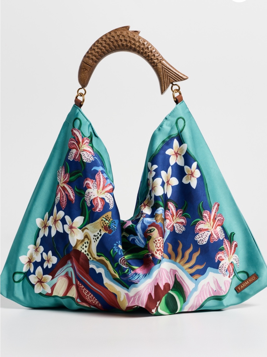 Farm Rio Teal & Navy Floral Silk Scarf Tote